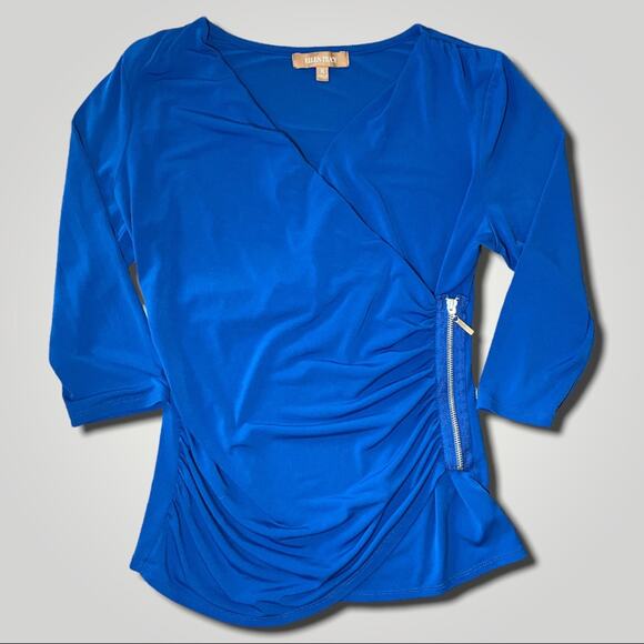 Ellen Tracy Tops - ELLEN TRACY RUCHED EXPOSED ZIPPER SPLICED / WRAP  V-NECK BRIGHT BLOUSE BLUE - M
